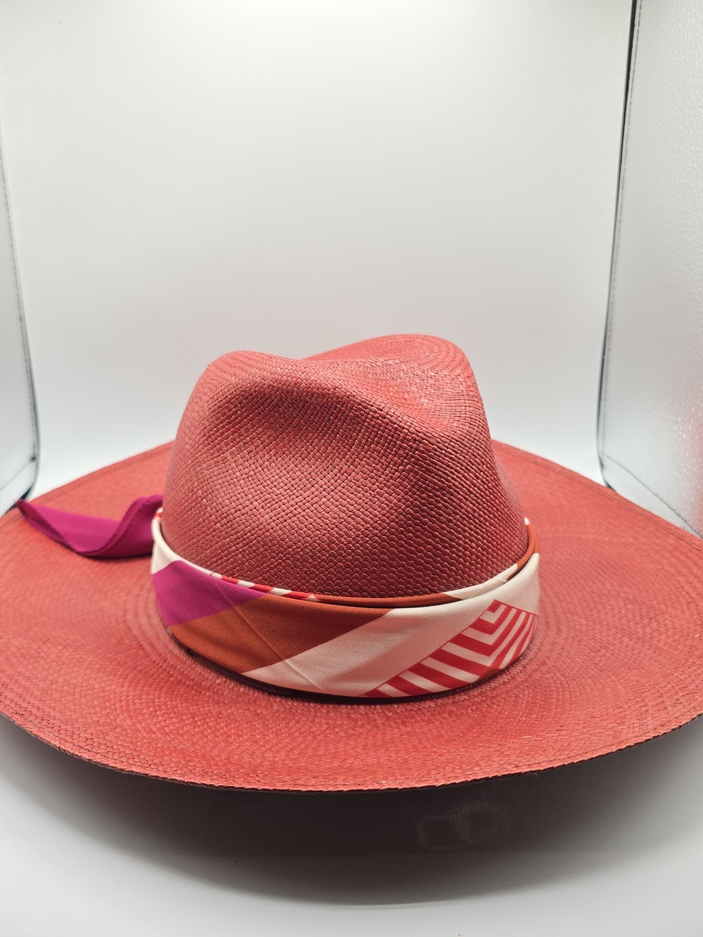 Borsalino Women's Wide Brim Coral Straw Fedora Hat M Made in Italy